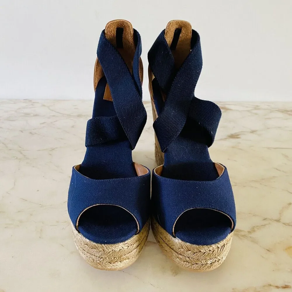 TORY BURCH Solid Denim Blue Espadrille Wedge Platform Sandal - US 7.5